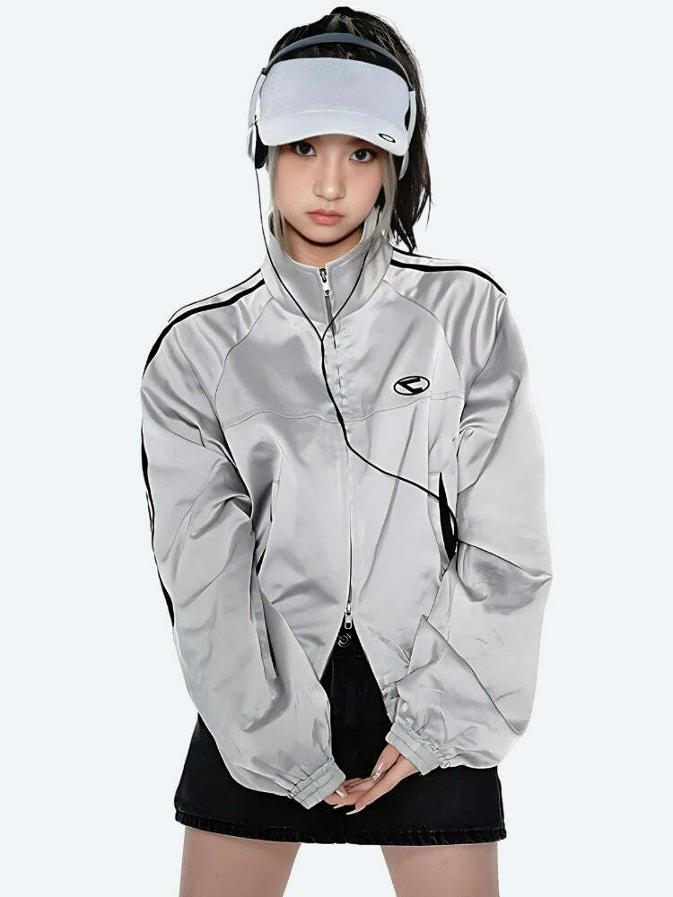 Y2K Aesthetic Reflective Double Zip-Up Jacket for Trendy Styles