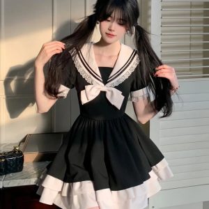 Y2K Aesthetic Sailor Collar Mini Dress with Ruffle Skirt & Buckles