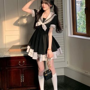 Y2K Aesthetic Sailor Collar Mini Dress with Ruffle Skirt & Buckles