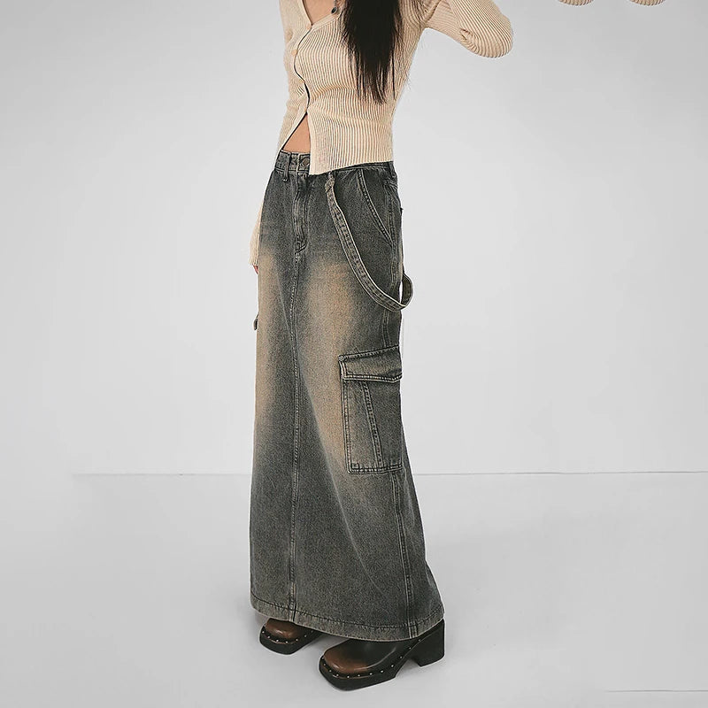 Y2K Aesthetic Side Strap Cargo Maxi Skirt for Trendy Fashionistas