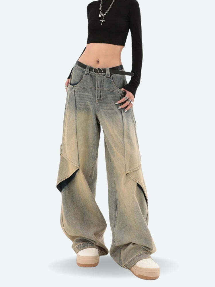 Y2K Aesthetic Skater Layered Denim Jeans with Ruffle Details