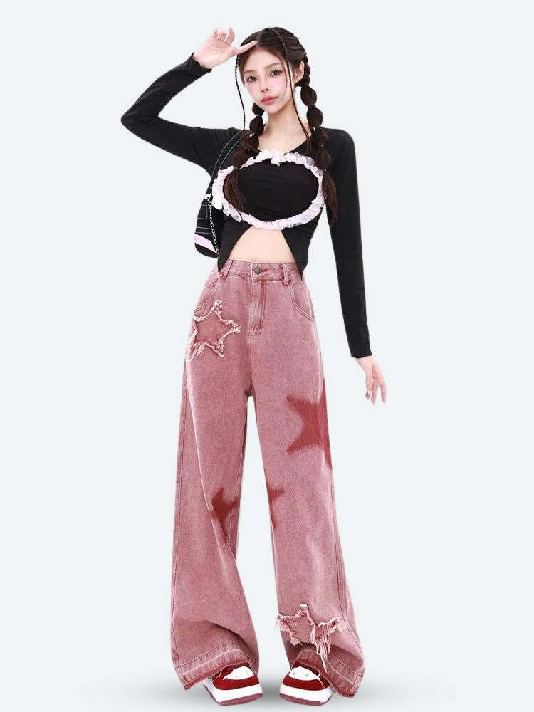 Y2K Aesthetic Star Denim Jeans with Ruffle Details and Vintage Vibes