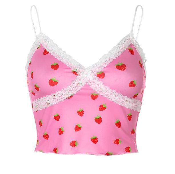 Y2K Aesthetic Strawberry Crop Top with Ruffle Skirt & Accessories