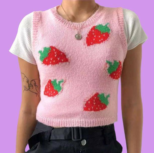 Y2K Aesthetic Strawberry Sleeveless Sweater - Trendy Coquette Style