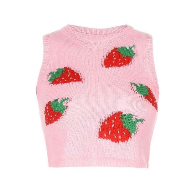 Y2K Aesthetic Strawberry Sleeveless Sweater - Trendy Coquette Style