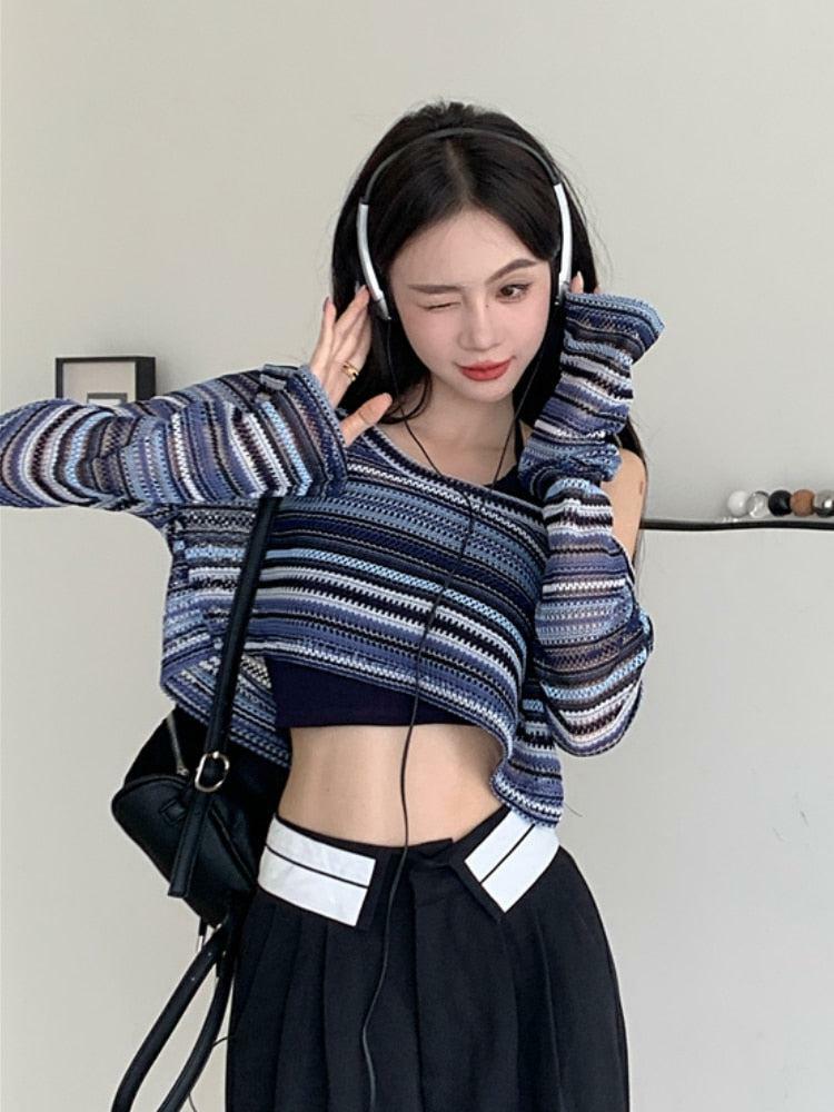 Y2K Aesthetic Striped Wide Neck Crop Sweater for Trendy Outfits