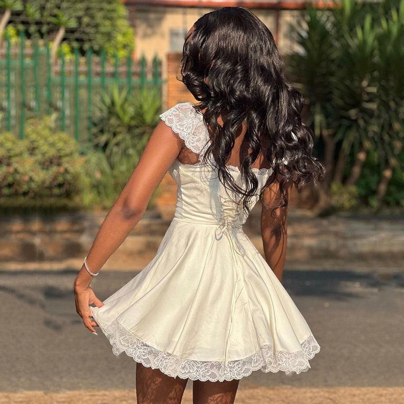 Y2K Aesthetic Tie-Back Lace Mini Dress with Ruffle Skirt & Accessories