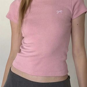 Y2K Bow Basic Tee: Aesthetic Coquette Style for Trendy Outfits