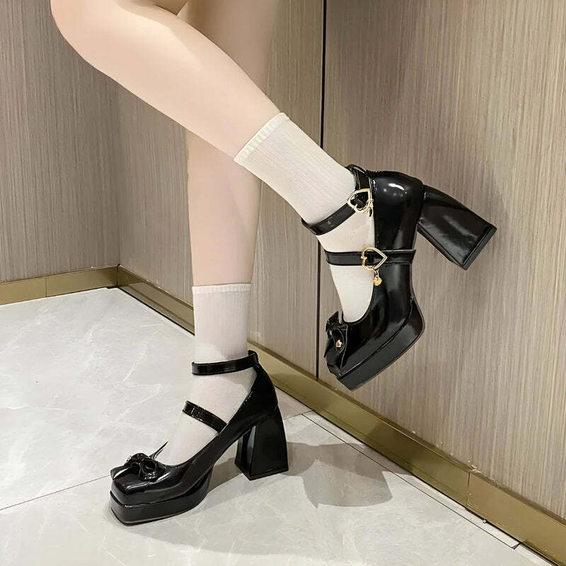 Y2K Bow & Heart Mary Jane High Heels for Aesthetic Coquette Style