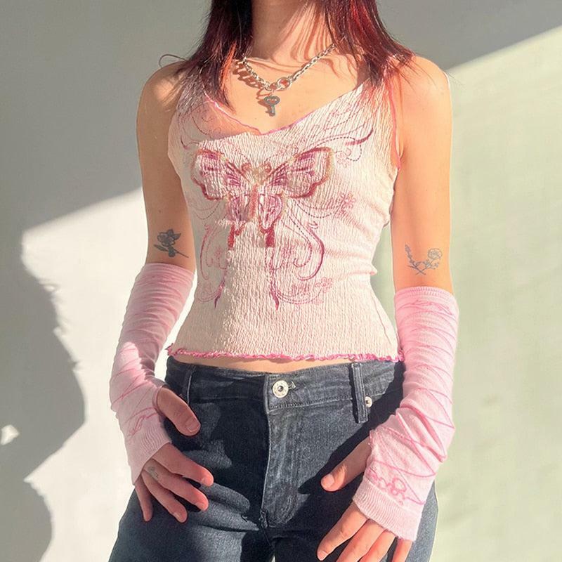 Y2K Butterfly Pink Halter Top with Front Clasp Buckles for Aesthetic Style