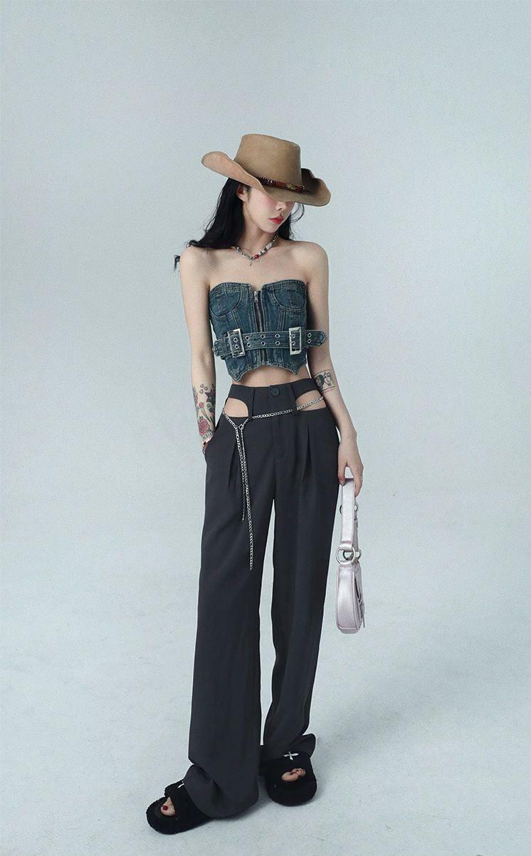 Y2K Cowgirl Crop Denim Tube Top with Aesthetic Vibes & Trendy Style