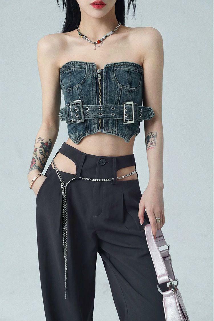 Y2K Cowgirl Crop Denim Tube Top with Aesthetic Vibes & Trendy Style