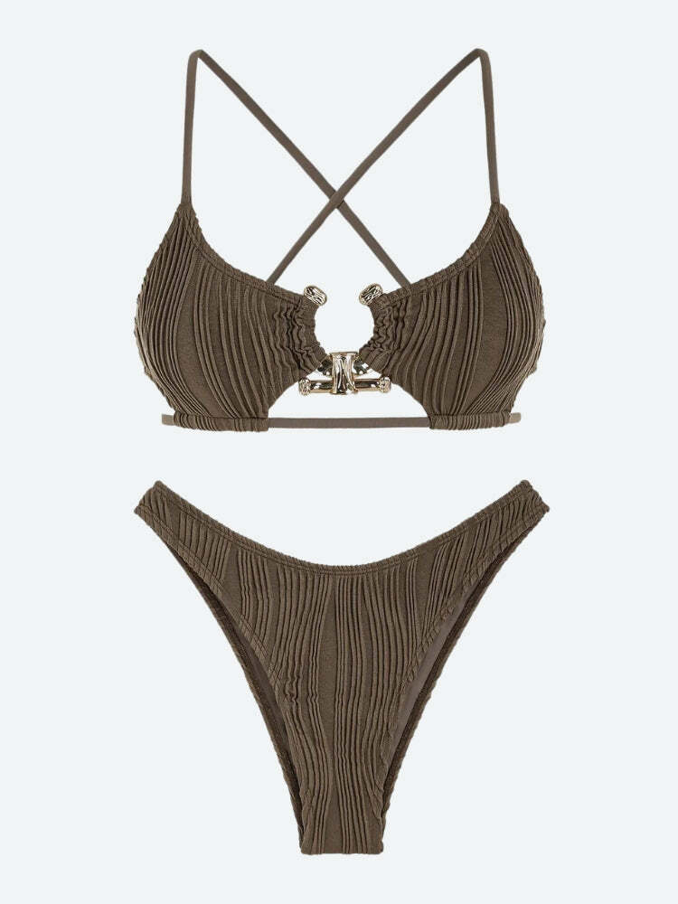 Y2K Criss Cross Bikini Set with Metal Hardware - Aesthetic Swimwear