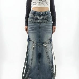 Y2K Denim Maxi Skirt: Aesthetic Coquette Style for Trendy Outfits