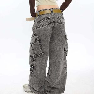 Y2K Distressed Cargo Jeans with Big Pockets for Aesthetic Outfits
