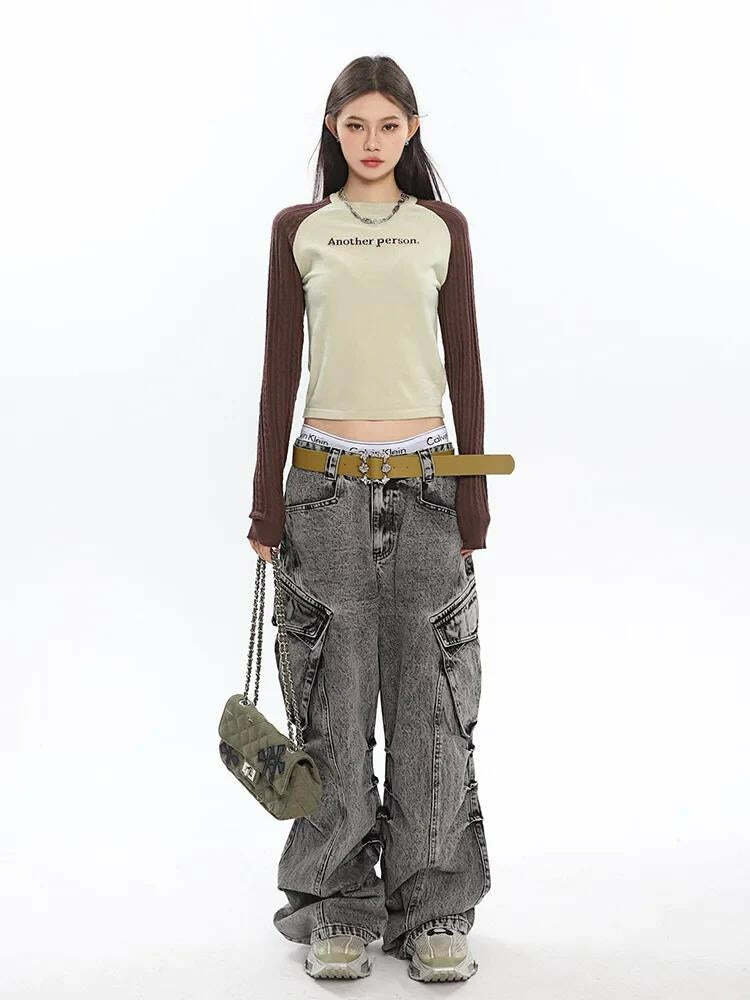 Y2K Distressed Cargo Jeans with Big Pockets for Aesthetic Outfits