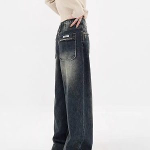 Y2K Distressed Wide Leg Jeans with Pockets for Aesthetic Outfits