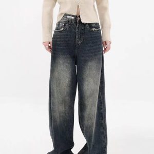 Y2K Distressed Wide Leg Jeans with Pockets for Aesthetic Outfits