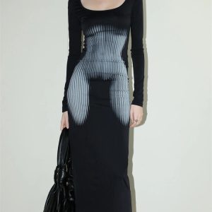 Y2K Fashion 3D Body Print Maxi Dress - Aesthetic Coquette Style