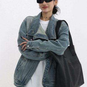 Y2K Fashion Asymmetrical Denim Jacket - Aesthetic Coquette Style