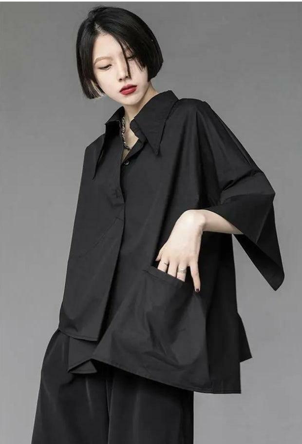 Y2K Fashion Black Korean Asymmetric Shirt - Aesthetic Grunge Style