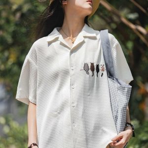 Y2K Fashion Cat Embroidered Shirt - Aesthetic Coquette Style Top