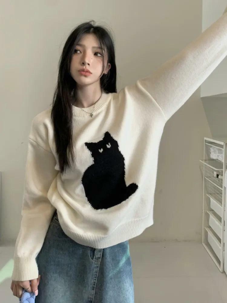 Y2K Fashion Cat Sweater: Aesthetic Grunge & Coquette Style Essential