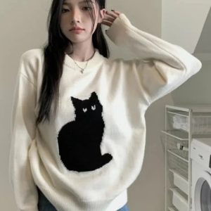 Y2K Fashion Cat Sweater: Aesthetic Grunge & Coquette Style Essential