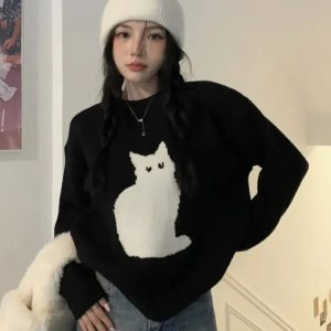 Y2K Fashion Cat Sweater: Aesthetic Grunge & Coquette Style Essential