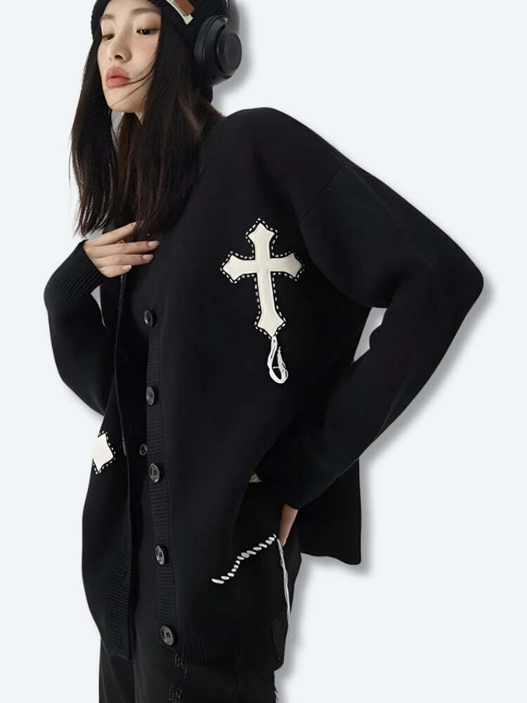 Y2K Fashion Cross Patch Cardigan: Aesthetic Coquette Style Essential