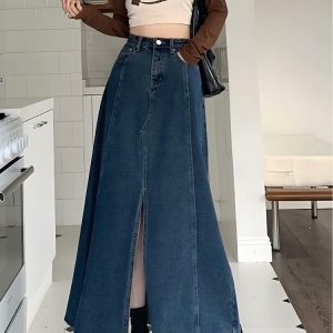 Y2K Fashion Denim Slit Frayed Hem Maxi Skirt - Aesthetic Grunge Style