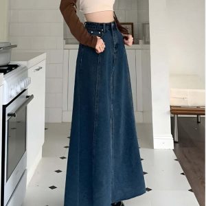 Y2K Fashion Denim Slit Frayed Hem Maxi Skirt - Aesthetic Grunge Style