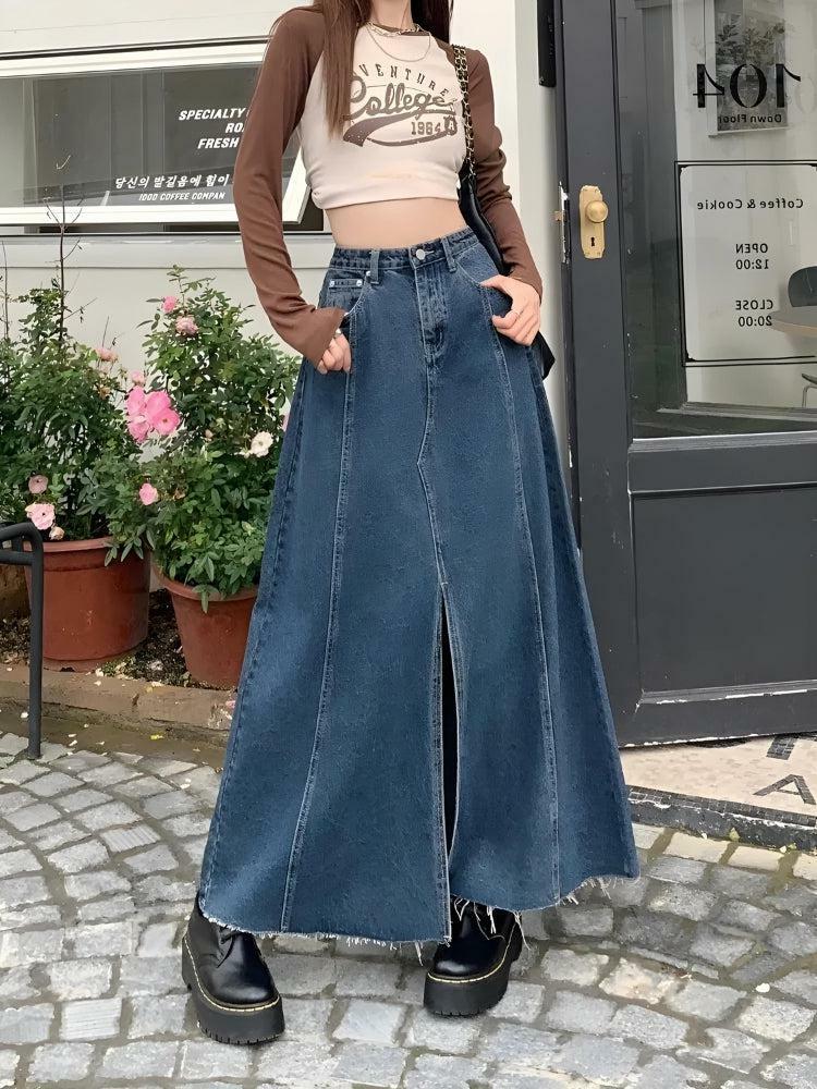 Y2K Fashion Denim Slit Frayed Hem Maxi Skirt - Aesthetic Grunge Style