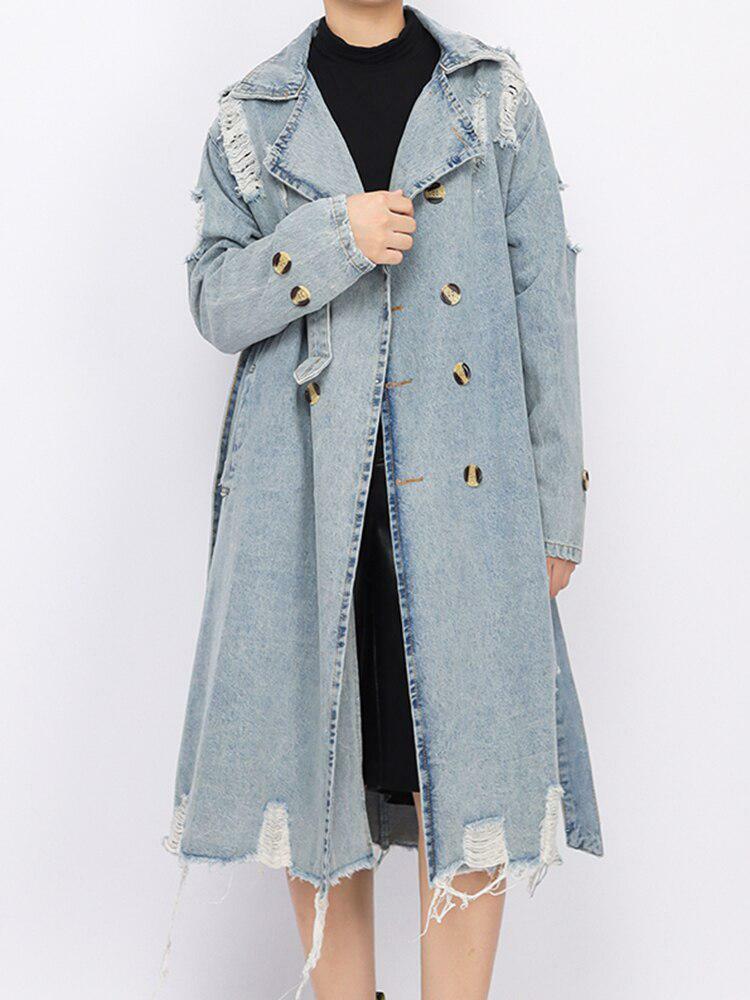 Y2K Fashion Distressed Denim Trench Coat for Aesthetic Coquette Style