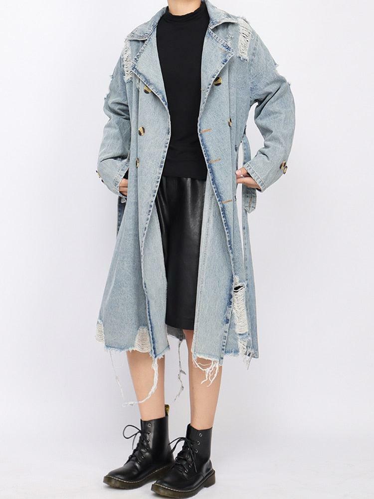 Y2K Fashion Distressed Denim Trench Coat for Aesthetic Coquette Style