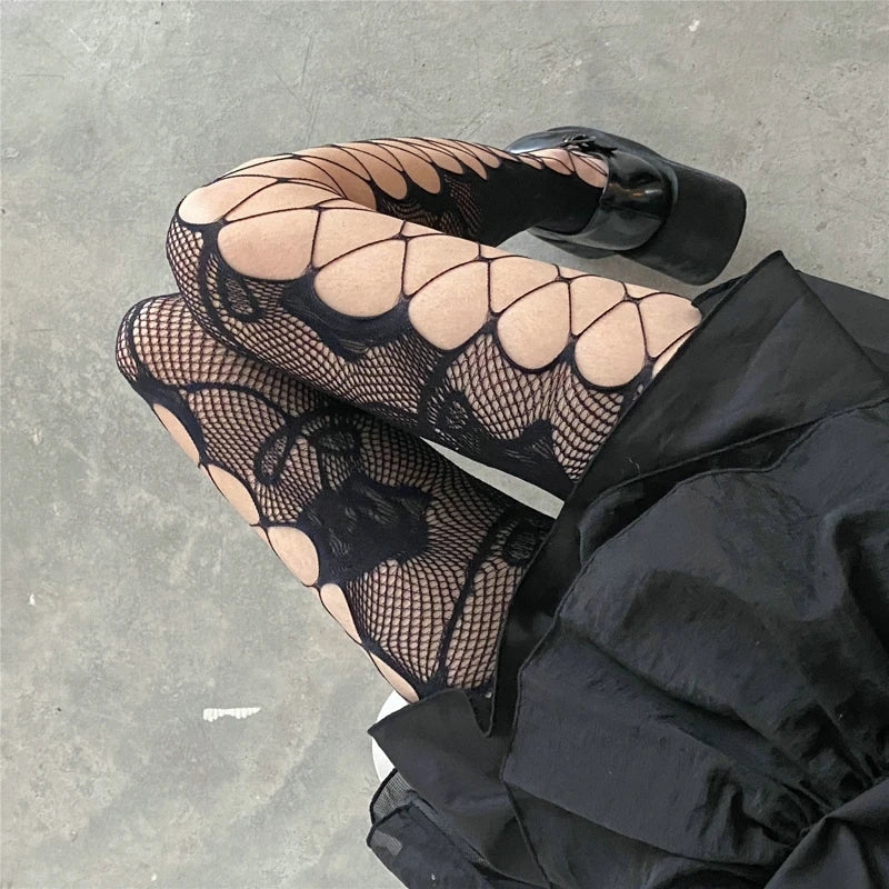 Y2K Fashion Goth Rose Fishnet Tights for Aesthetic Grunge Outfits