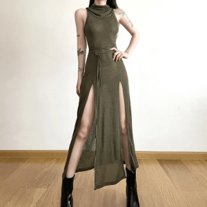 Y2K Fashion Hooded Slit Maxi Dress - Aesthetic Coquette Style