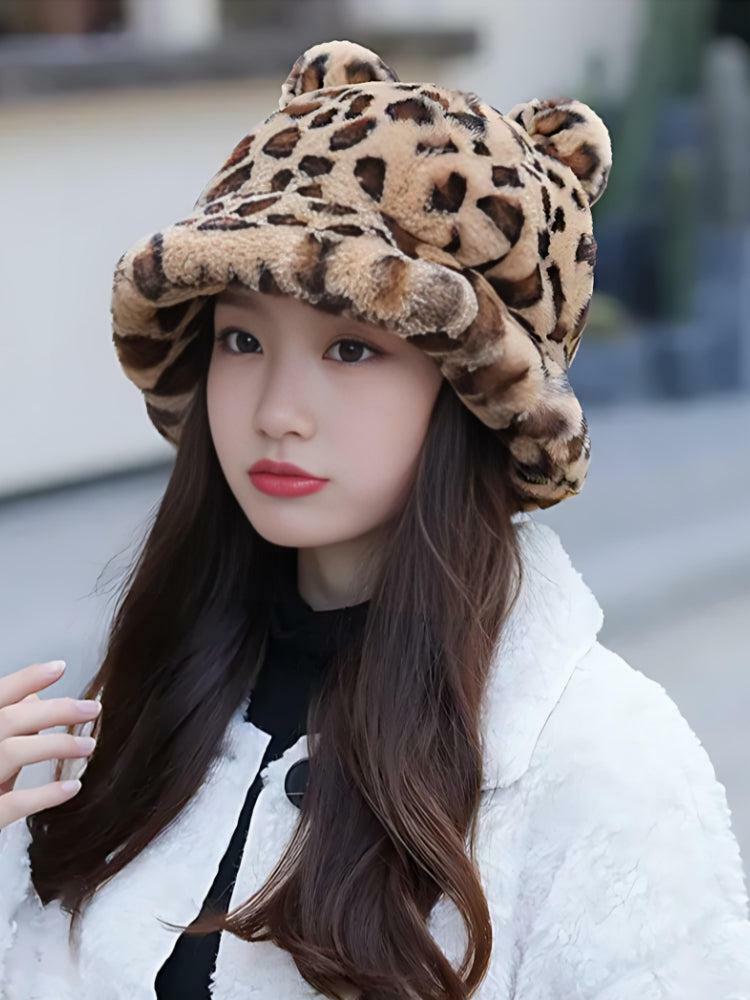 Y2K Fashion Leopard Ear Plush Hat - Aesthetic Coquette Accessory