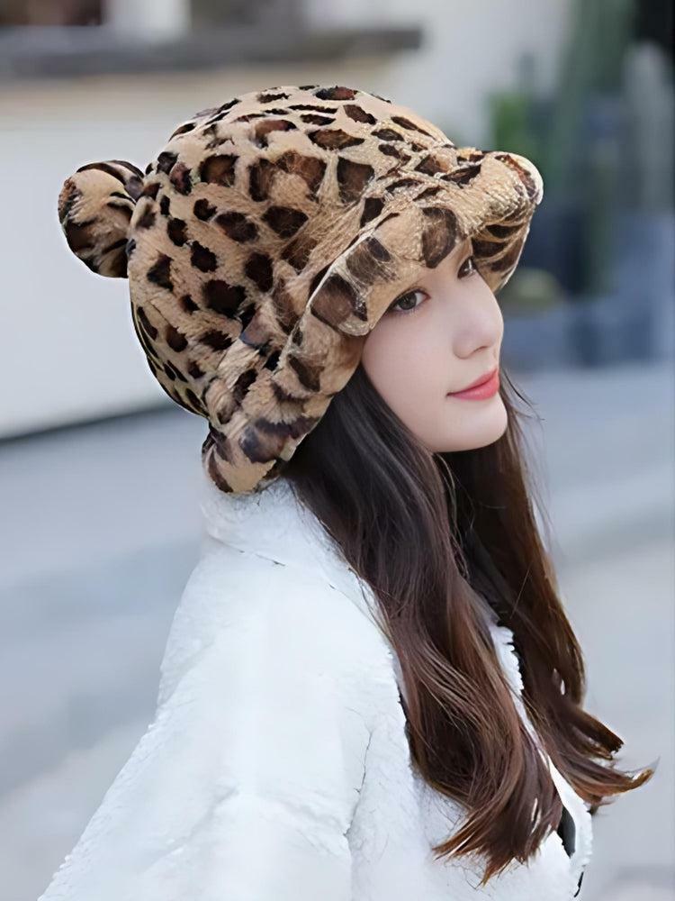 Y2K Fashion Leopard Ear Plush Hat - Aesthetic Coquette Accessory