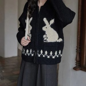 Y2K Fashion Rabbit Knitted Zip Cardigan - Aesthetic Coquette Style