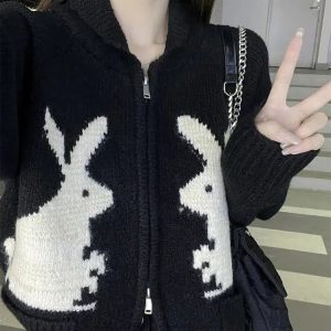 Y2K Fashion Rabbit Knitted Zip Cardigan - Aesthetic Coquette Style