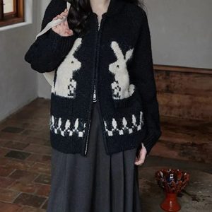 Y2K Fashion Rabbit Knitted Zip Cardigan - Aesthetic Coquette Style