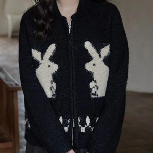 Y2K Fashion Rabbit Knitted Zip Cardigan - Aesthetic Coquette Style