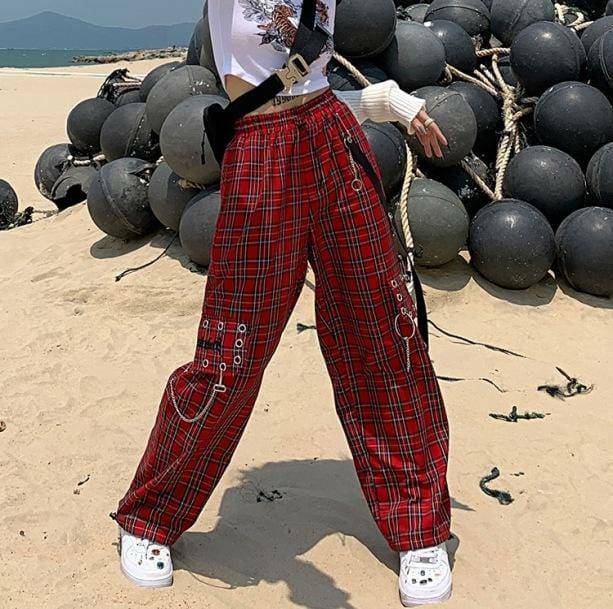 Y2K Fashion Red Pants with Chains - Aesthetic Grunge Style Statement