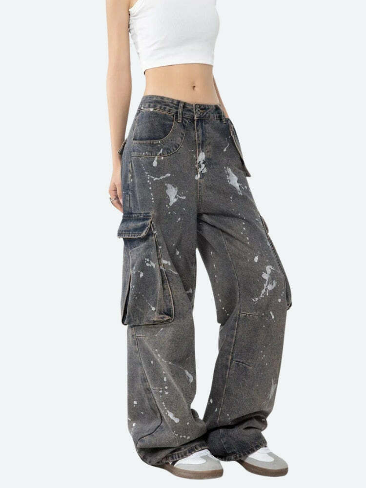 Y2K Fashion Stained Cargo Jeans: Aesthetic Grunge & Coquette Style