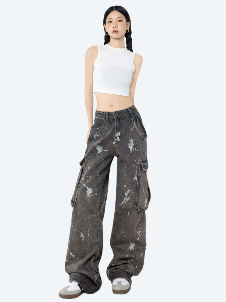 Y2K Fashion Stained Cargo Jeans: Aesthetic Grunge & Coquette Style