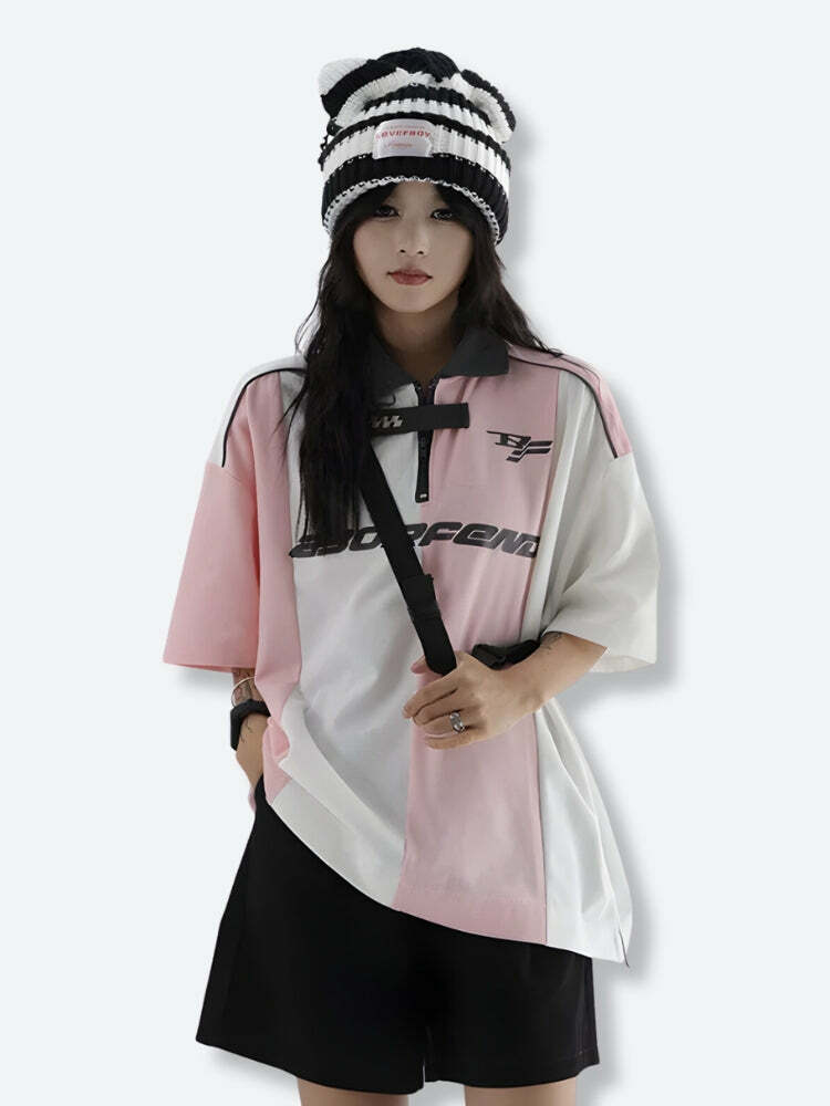 Y2K Fashion Striped Half Zip-Up Jersey Top for Aesthetic Coquette Style