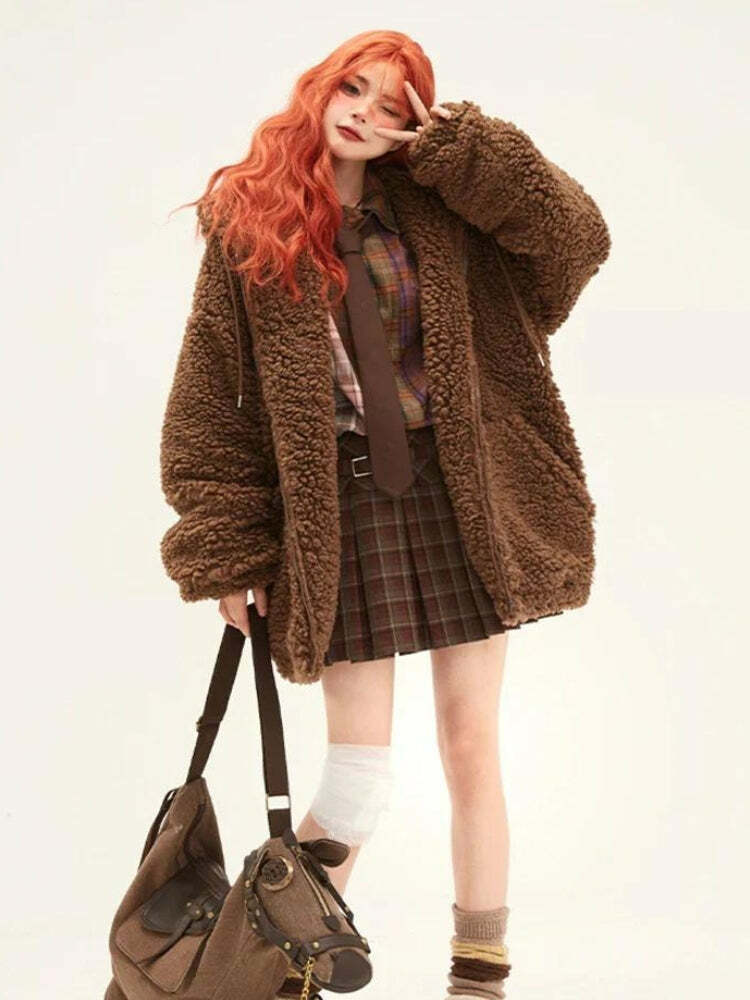 Y2K Fashion Teddy Bear Jacket: Aesthetic Coquette Style for Trendy Looks