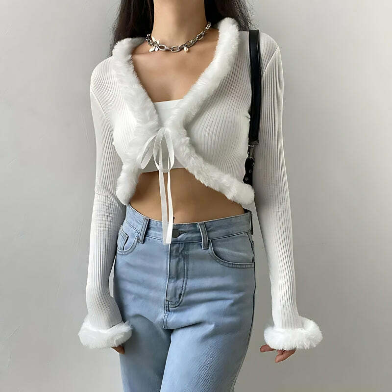 Y2K Faux Fur Corduroy Crop Cardigan for Aesthetic Coquette Style