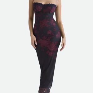 Y2K Floral Bodycon Lace-Up Mesh Maxi Dress for Aesthetic Coquette Style